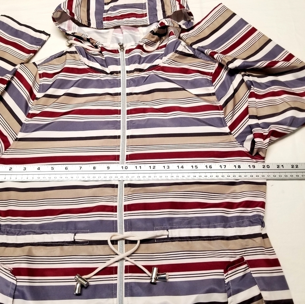 Atmosphere Women's White Tan Purple Stripes Roll-up Sleeve Hooded Windbreaker, S - Picture 10 of 11